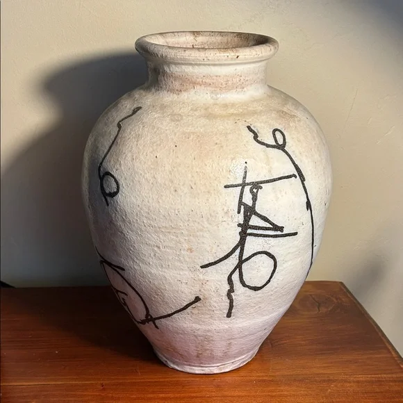 VTG Large MCM Abstract Graphic Art Hieroglyphics Earthenware Vase Centerpiece